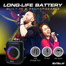 Load image into Gallery viewer, Risebass Portable Karaoke Machine with 2 Wireless Microphones - Bluetooth Rechargeable Speaker with USB/SD/TF Card Support, AUX-in, Tripod Screw Mount and Phone Slot.