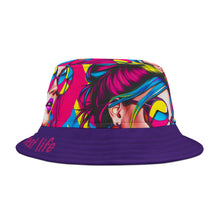 Load image into Gallery viewer, Bucket Hat - Girl with Sunglasses 'Living my best life' Purple Brim