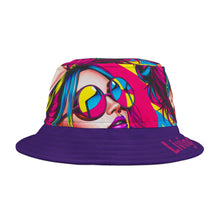 Load image into Gallery viewer, Bucket Hat - Girl with Sunglasses 'Living my best life' Purple Brim