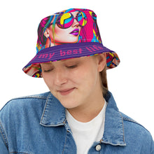 Load image into Gallery viewer, Bucket Hat - Girl with Sunglasses 'Living my best life' Purple Brim