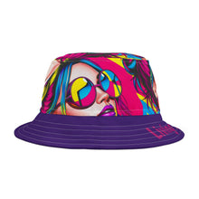 Load image into Gallery viewer, Bucket Hat - Girl with Sunglasses 'Living my best life' Purple Brim