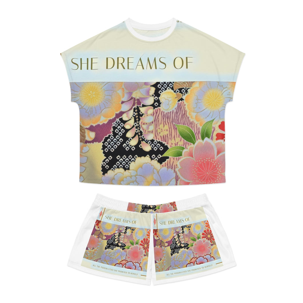 Women's Short Pajama Set (AOP) SHE DREAMS white trim