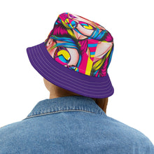 Load image into Gallery viewer, Bucket Hat - Girl with Sunglasses 'Living my best life' Purple Brim