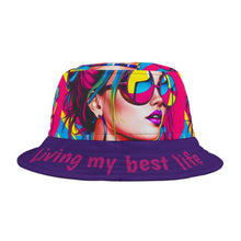 Load image into Gallery viewer, Bucket Hat - Girl with Sunglasses 'Living my best life' Purple Brim