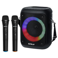 Load image into Gallery viewer, Risebass Portable Karaoke Machine with 2 Wireless Microphones - Bluetooth Rechargeable Speaker with USB/SD/TF Card Support, AUX-in, Tripod Screw Mount and Phone Slot.
