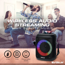 Load image into Gallery viewer, Risebass Portable Karaoke Machine with 2 Wireless Microphones - Bluetooth Rechargeable Speaker with USB/SD/TF Card Support, AUX-in, Tripod Screw Mount and Phone Slot.
