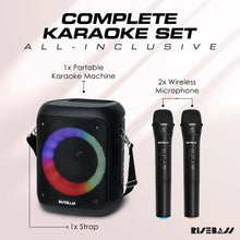 Load image into Gallery viewer, Risebass Portable Karaoke Machine with 2 Wireless Microphones - Bluetooth Rechargeable Speaker with USB/SD/TF Card Support, AUX-in, Tripod Screw Mount and Phone Slot.