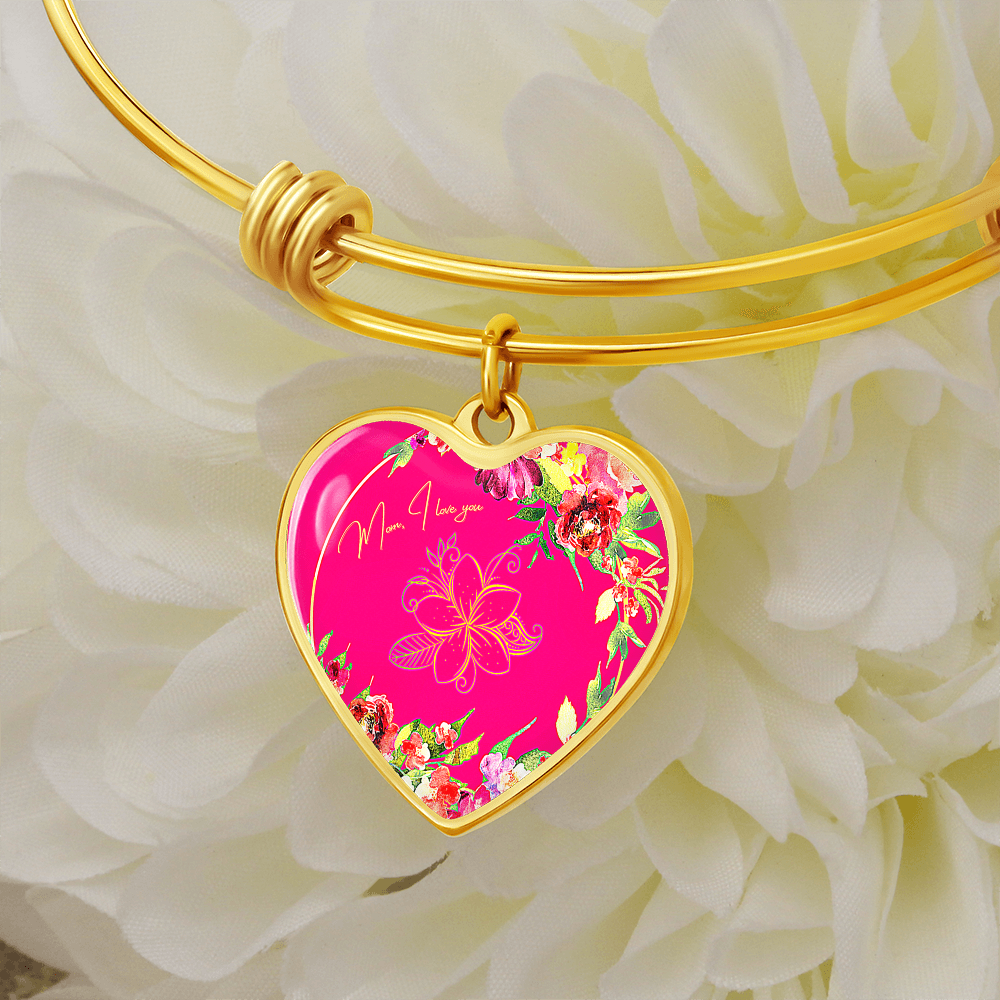 Pink Heart Bangle Bracelet "Mom I Love You"
