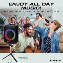 Load image into Gallery viewer, Risebass Portable Karaoke Machine with 2 Wireless Microphones - Bluetooth Rechargeable Speaker with USB/SD/TF Card Support, AUX-in, Tripod Screw Mount and Phone Slot.