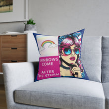 Load image into Gallery viewer, Pillow Square- Rainbows Come with Blue Trim/Pink Reverse Side
