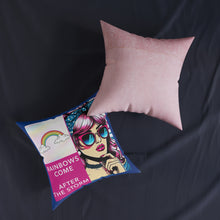 Load image into Gallery viewer, Pillow Square- Rainbows Come with Blue Trim/Pink Reverse Side